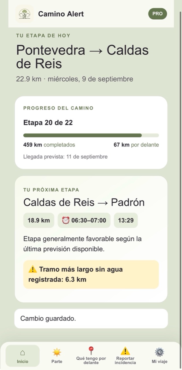 Pantalla de inicio de la PWA de Camino Alert con etapa, progreso y próxima etapa