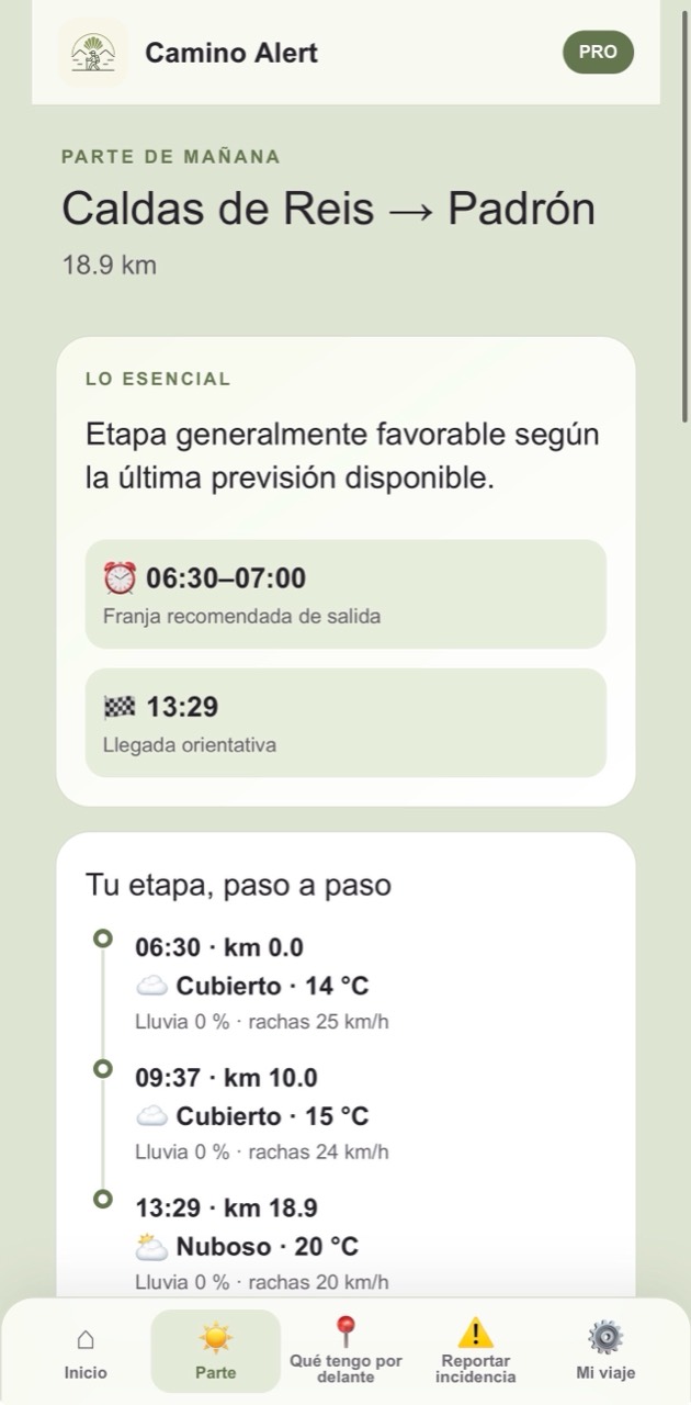 Parte de mañana en la PWA de Camino Alert con horarios y previsión meteorológica