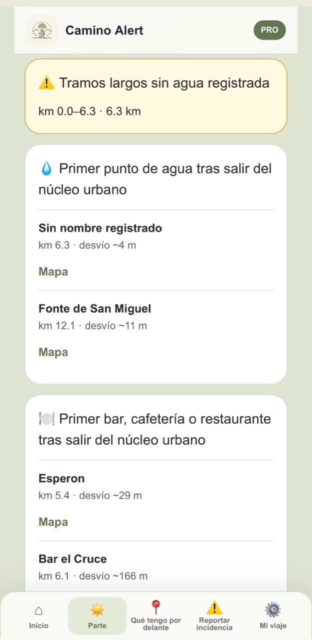 Servicios y aviso de tramo sin agua en el parte de la PWA de Camino Alert